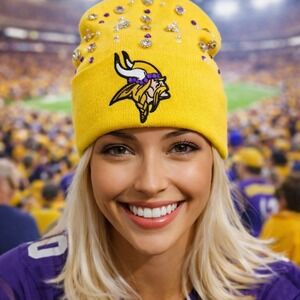 Minnesota‎ Vikings Yellow & Purple Beanie design with Rhinestones, Viking Logo